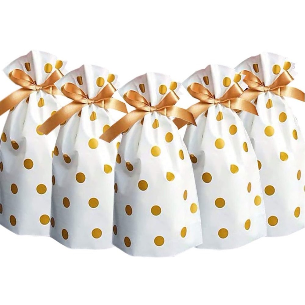 50 Gold Polka Dot Party Favor Bags Plastic with Drawstring 5.8x9x2.4 inch